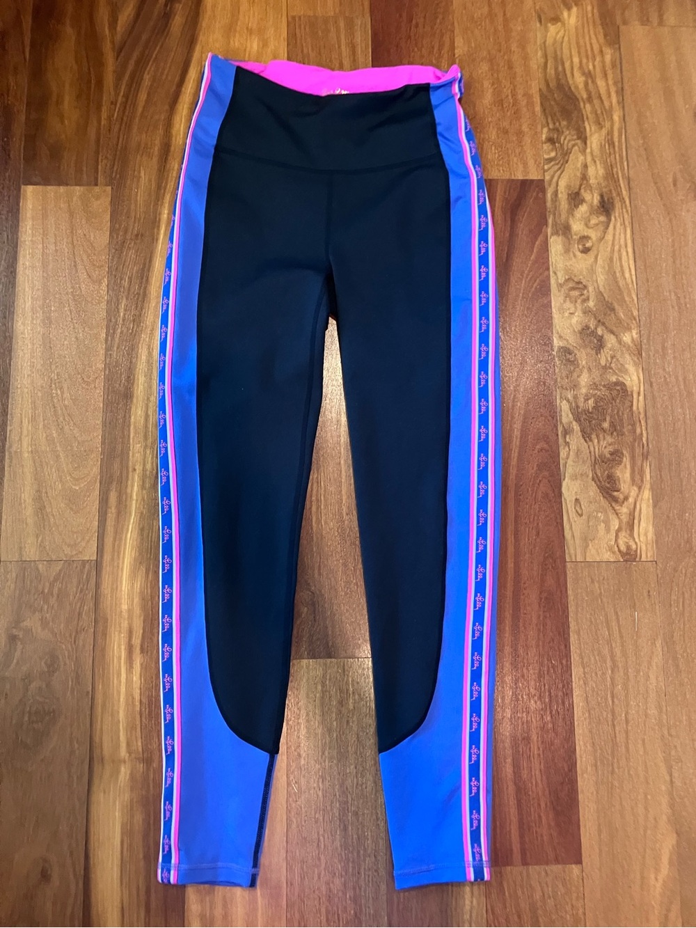Lilly Pulitzer Black Leggings with Blue and Pink Side Panels